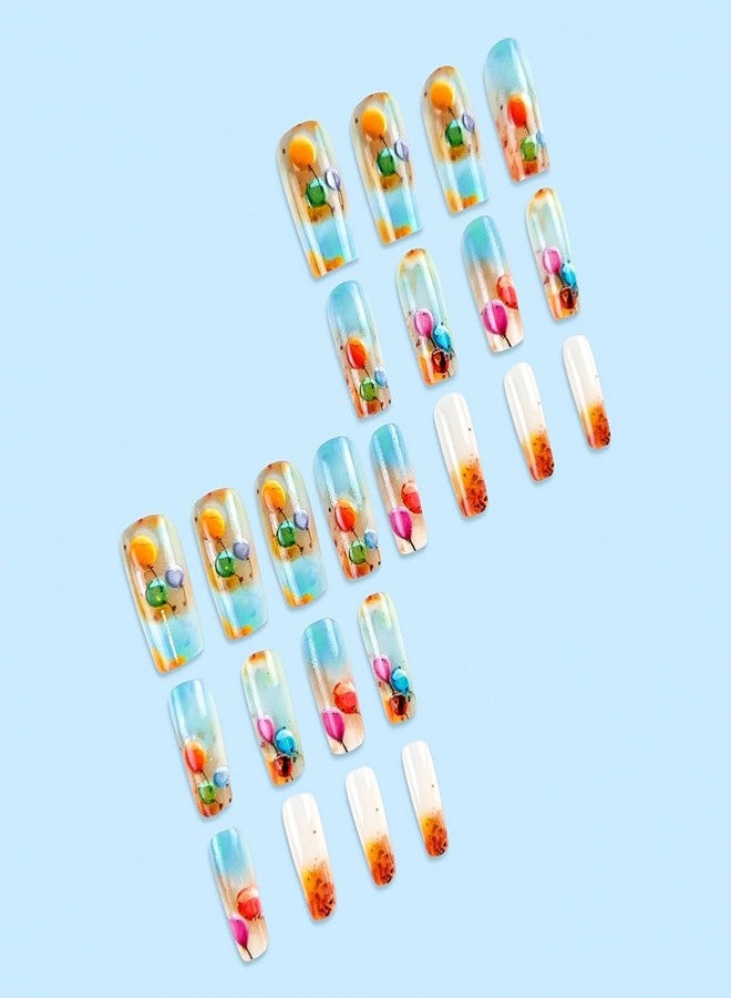 RikView Coffin Press on Nails Long Fake Nails Blue Acrylic Nails with Color Balloon Design Glossy Full Cover Nails Nails for Women 24 PCs/Set - Image 4